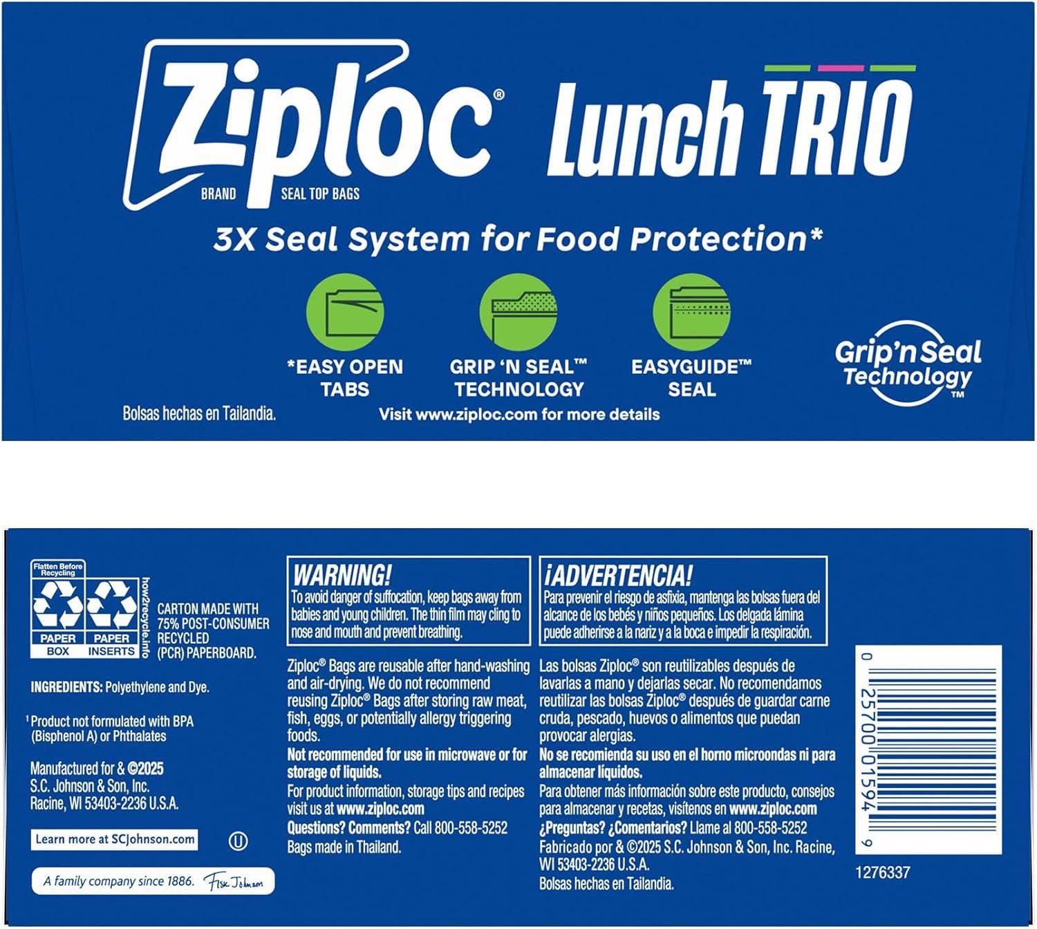 image:imageZiploc Brand Lunch Trio Variety Pack with EasyGuide Texture Grip n Seal Technology 225 count