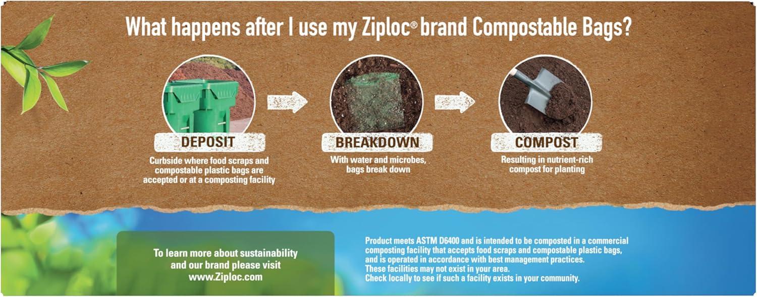image:imageZiploc Compostable Sandwich and Snack Bags for On The Go Freshness Designed to be Commercially Compostable 40 Bags