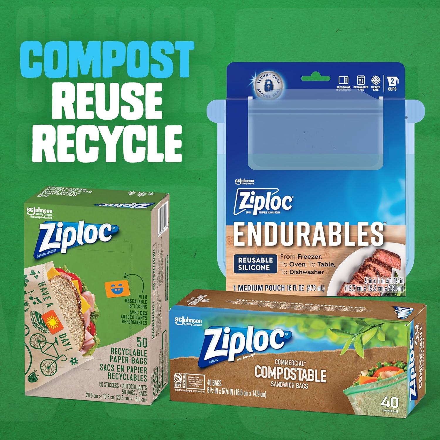 image:imageZiploc Compostable Sandwich and Snack Bags for On The Go Freshness Designed to be Commercially Compostable 40 Bags