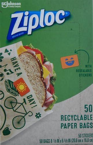 image:imageZiploc Paper Sandwich and Snack Bags Recyclable amp Sealable with Fun Designs 50 Bags TotalBrown