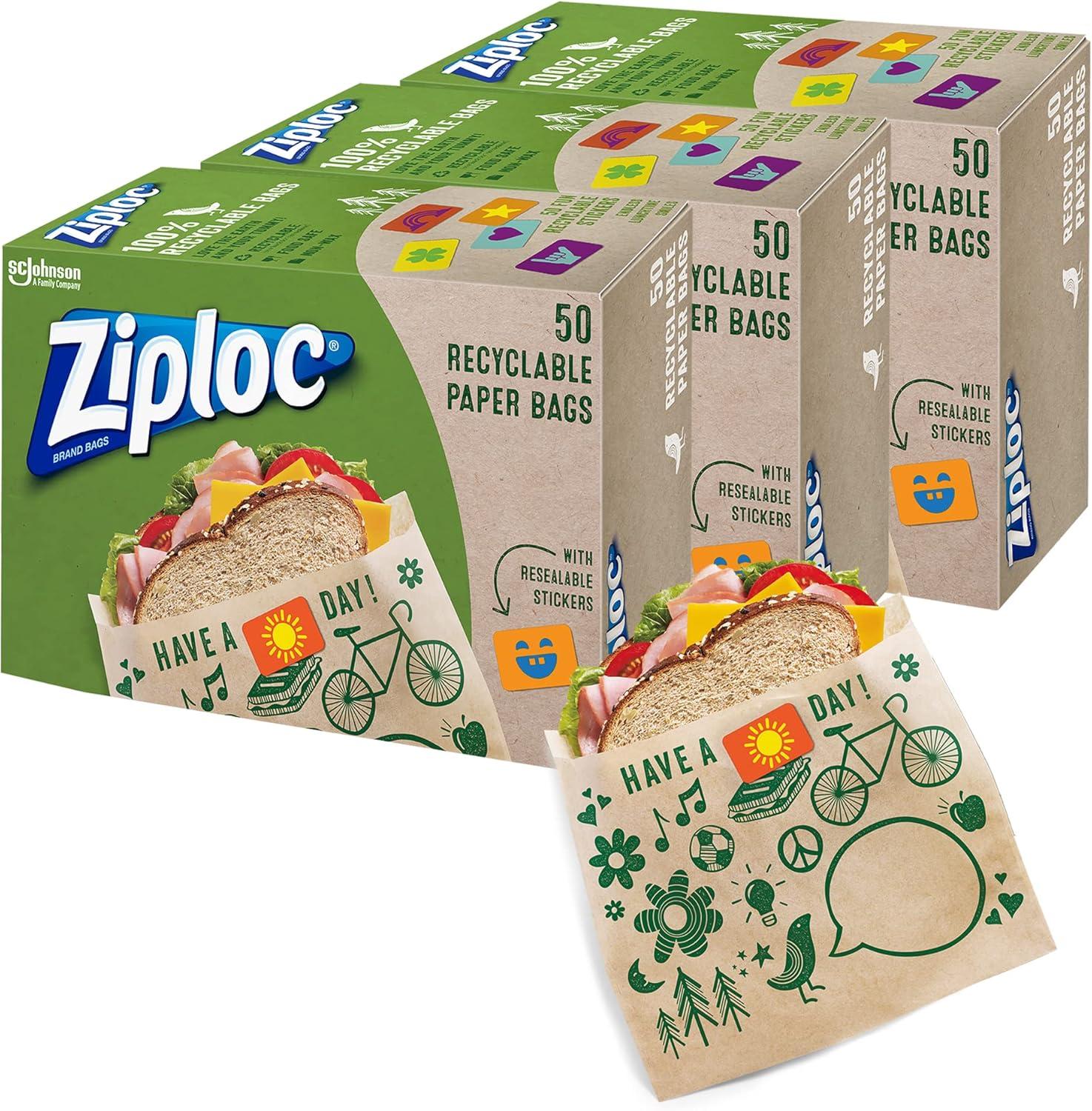image:imageZiploc Paper Sandwich and Snack Bags Recyclable amp Sealable with Fun Designs 50 Bags TotalBrown