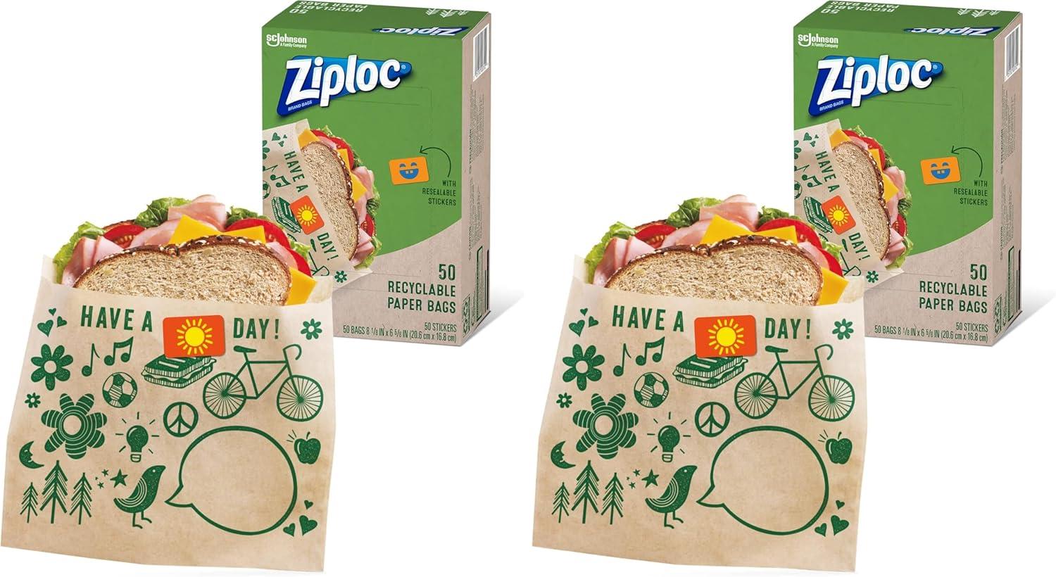 image:imageZiploc Paper Sandwich and Snack Bags Recyclable amp Sealable with Fun Designs 50 Bags TotalBrown