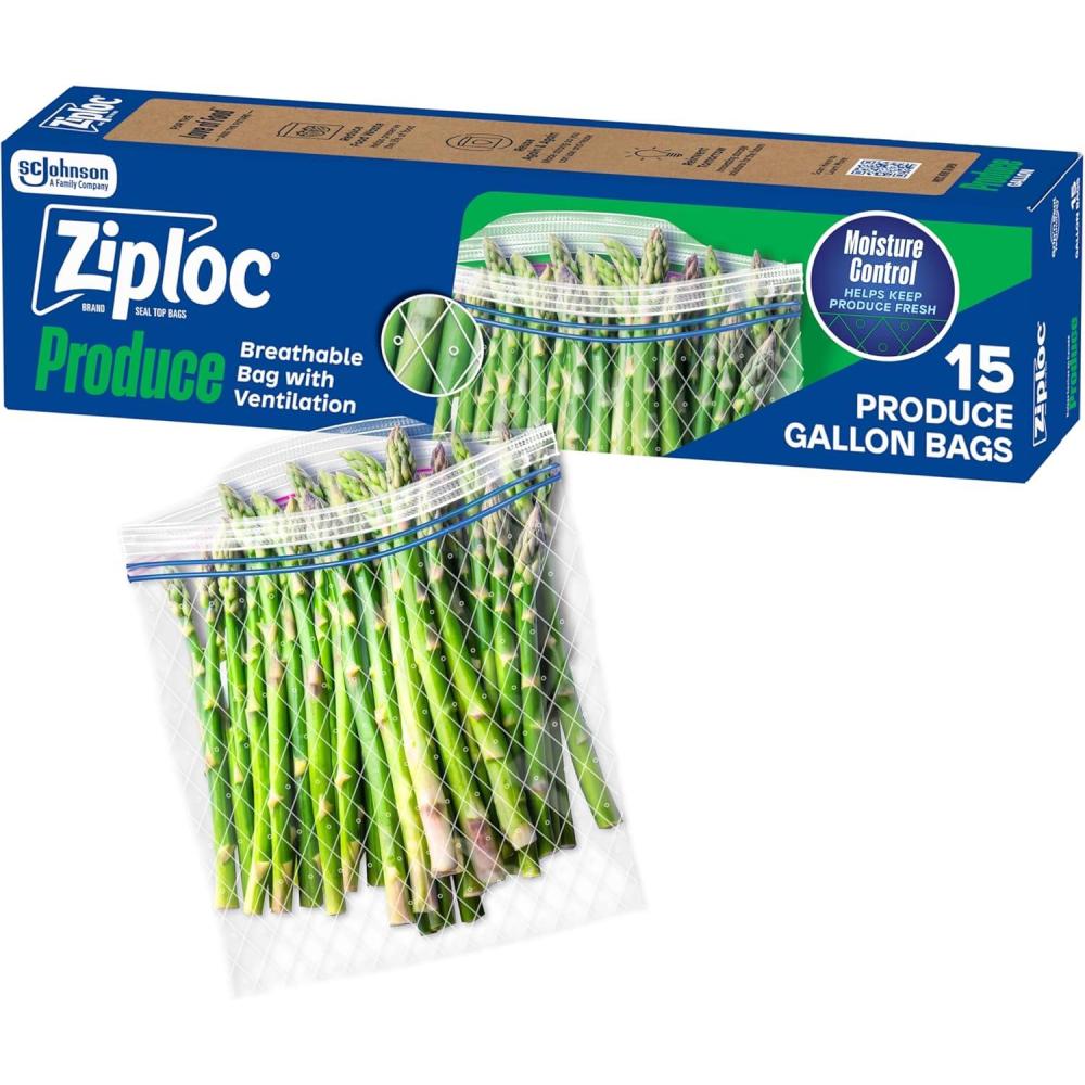 image:imageZiploc Food Storage Produce Bags Seal Top to Keep and Control Moisture 15 Bags Total15 Count