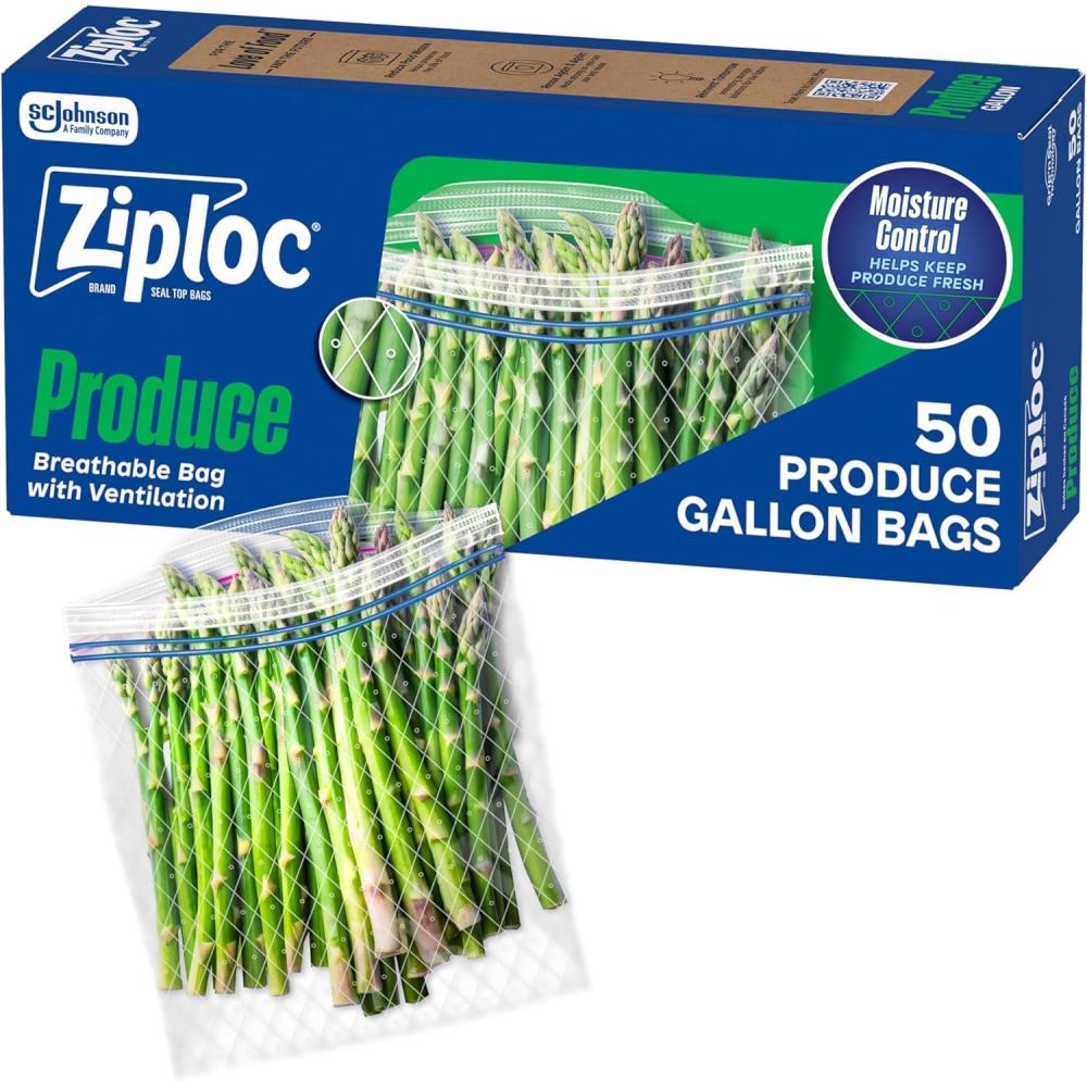 image:imageZiploc Food Storage Produce Bags Seal Top to Keep and Control Moisture 15 Bags Total50 Count