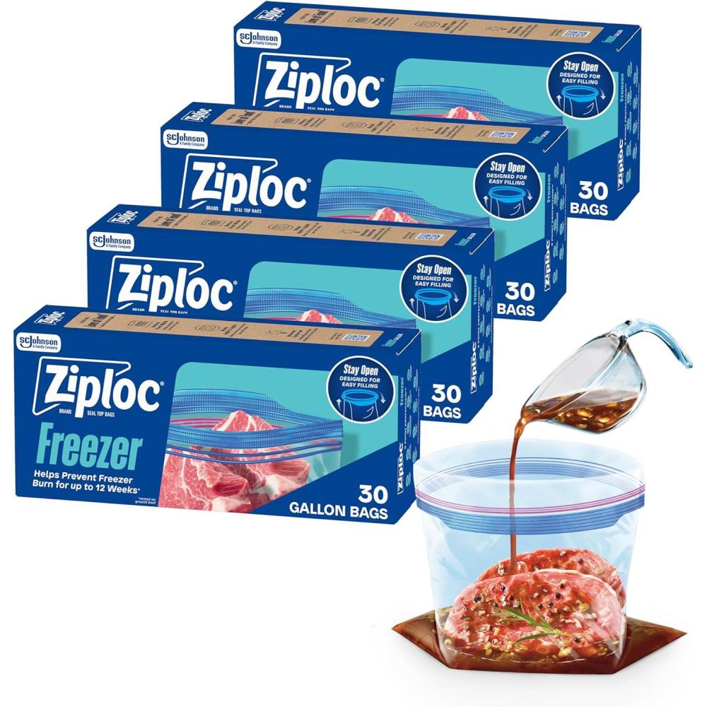 image:imageZiploc Gallon Food Storage Freezer Bags 120ct Total StandUp Bottom Easy to Fill 30 Count 4 PackGallon