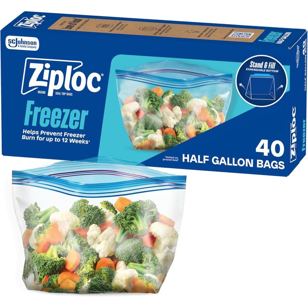 image:imageZiploc Half Gallon Food Storage Freezer Bags Easy Open and Close 40 Bags Total