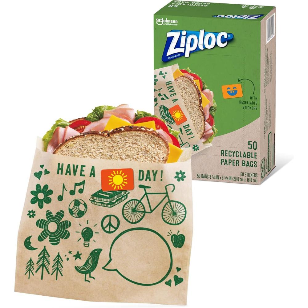 image:imageZiploc Paper Sandwich and Snack Bags Recyclable amp Sealable with Fun Designs 50 Bags TotalBrown