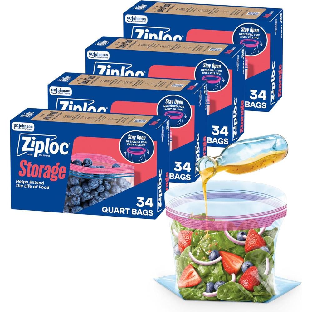 image:imageZiploc Quart Food Storage Bags Stay Open Design with StandUp Bottom Easy to Fill 80 Count136 Count