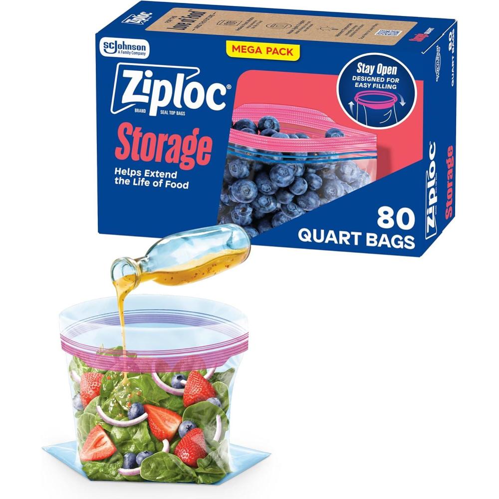 image:imageZiploc Quart Food Storage Bags Stay Open Design with StandUp Bottom Easy to Fill 80 Count80 Count