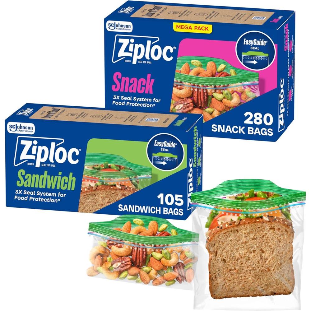 image:imageZiploc Sandwich and Snack Bags Bundle with EasyGuide Texture Small Plastic Storage Bags with Grip N Seal Technology 105 Count and 280 Count385 Count Variety
