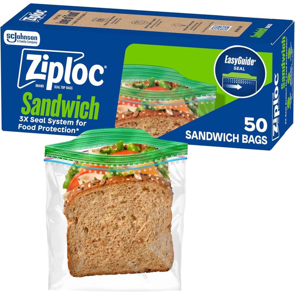 image:imageZiploc Sandwich and Snack Bags with EasyGuide Texture Plastic Storage Bags with Grip n Seal Technology 50 Bags Total