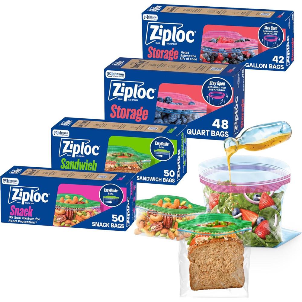 image:imageZiploc Storage Bags Variety Pack 190ct Total 42ct Storage Gallon and 48ct Storage Quart 50ct Sandwich and 50ct Snack5 inches x 5 inches
