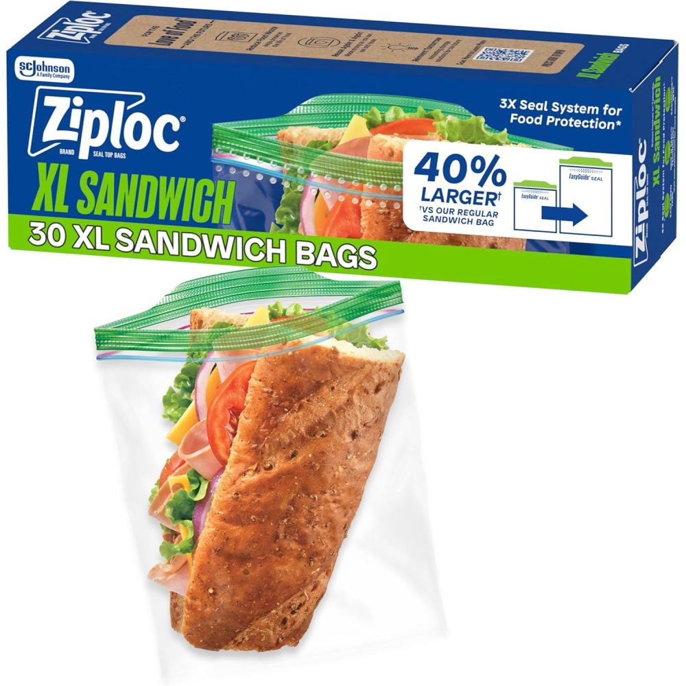 image:imageZiploc XL Sandwich and Snack Bags with EasyGuide Texture Plastic Storage Bags with Grip n Seal Technology 30 Bags Total30 Count