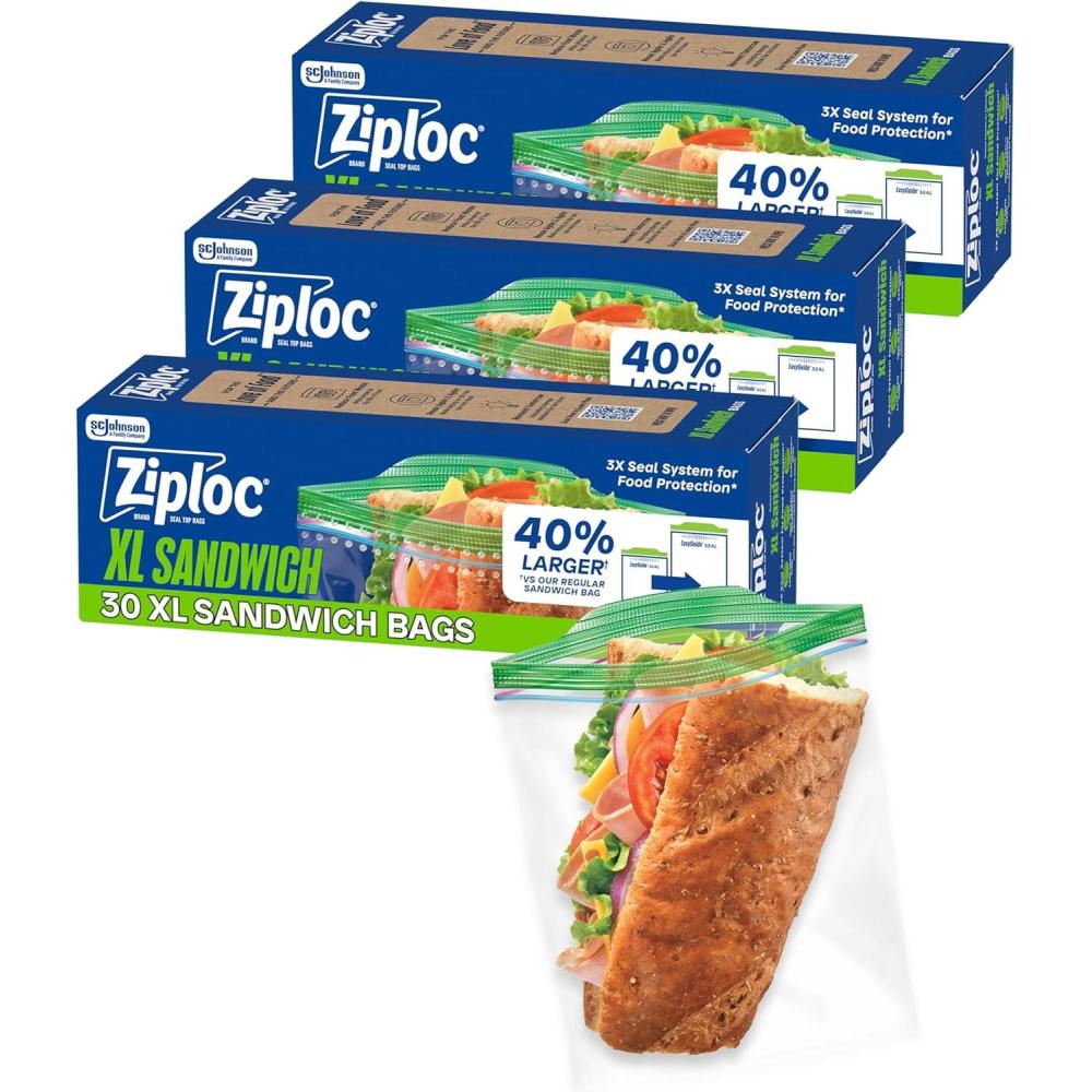 image:imageZiploc XL Sandwich and Snack Bags with EasyGuide Texture Plastic Storage Bags with Grip n Seal Technology 30 Bags Total90 Count