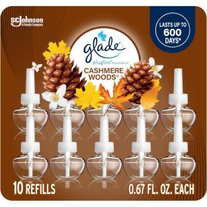 Glade PlugIns Refills Air Freshener, Scented and Essential Oils for Home and Bathroom, Cashmere Woods, 6.7 Fl Oz, 10 Count(Cashmere Woods)