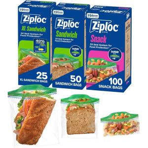 Ziploc 175 Count Sandwich and Snack Bags with EasyGuide Texture, Plastic Storage Bags with Grip ‘n Seal Technology