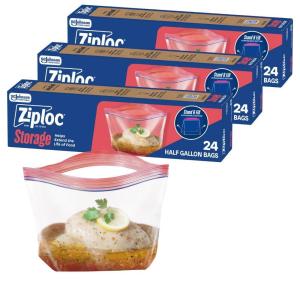 Ziploc Half Gallon Marinade Food Storage Bags for Meal Prep, Easy Open and Close, 24 Count(72 Count)