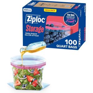 Ziploc Quart Food Storage Bags, Stay Open Design with Stand-Up Bottom, Easy to Fill, 100 Count(100 Count)