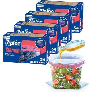 Ziploc Quart Food Storage Bags, Stay Open Design with Stand-Up Bottom, Easy to Fill, 80 Count(136 Count)