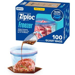 Ziploc Quart Food Storage Freezer Bags, Grip ‘n Seal Technology for Easier Grip, Open, and Close, 100 Count(100 Count)