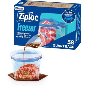 Ziploc Quart Food Storage Freezer Bags, New Stay Open Design with Stand-Up Bottom, Easy to Fill, 38 Count(38 Count)