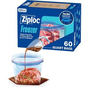 Ziploc Quart Food Storage Freezer Bags, Stand-Up Bottom, Easy to Fill, 60 Count(60 Count)