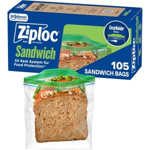Ziploc Sandwich and Snack Bags with EasyGuide Texture, Plastic Storage Bags with Grip ‘n Seal Technology, 105 Bags Total(105 Count)