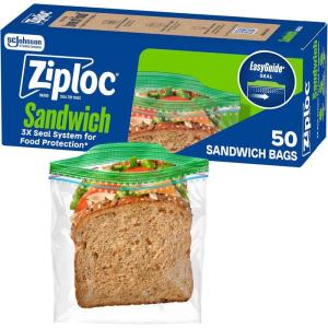 Ziploc Sandwich and Snack Bags with EasyGuide Texture, Plastic Storage Bags with Grip ‘n Seal Technology, 50 Bags Total