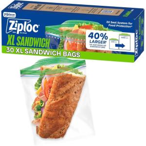 Ziploc XL Sandwich and Snack Bags with EasyGuide Texture, Plastic Storage Bags with Grip ‘n Seal Technology, 30 Bags Total(30 Count)