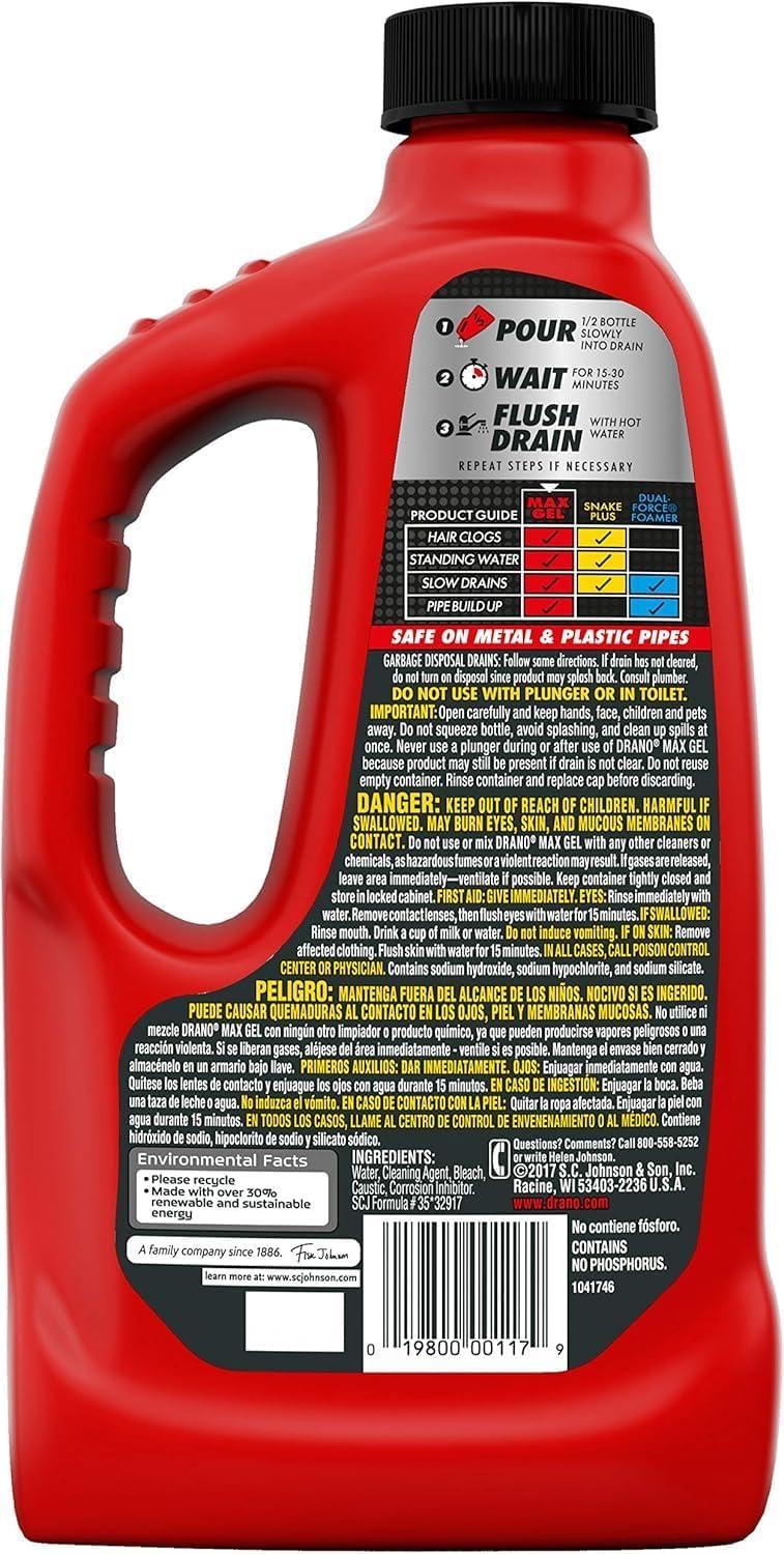 image:imageDrano Max Gel Drain Clog Remover amp Cleaner FastActing to Unclog Standing Water amp Remove Hair Grease amp Food Blockages Safe for all Pipes amp Septic Kitchen Sinks Bathroom Showers 80 Oz 2 Pack32 Fl Oz Pack of 1