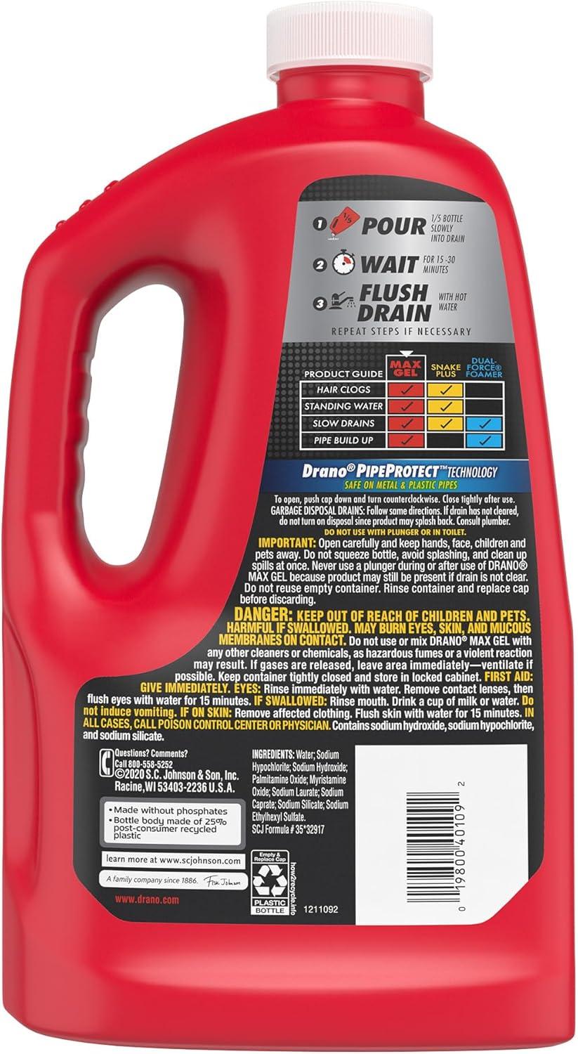 image:imageDrano Max Gel Drain Clog Remover amp Cleaner FastActing to Unclog Standing Water amp Remove Hair Grease amp Food Blockages Safe for all Pipes amp Septic Kitchen Sinks Bathroom Showers 80 Oz 2 Pack80 Fl Oz Pack of 2