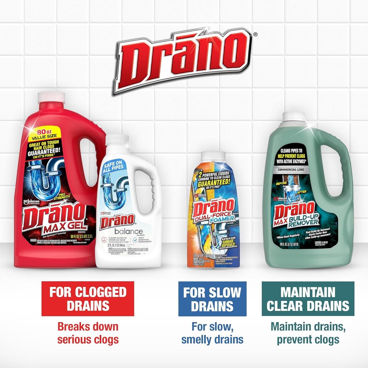 image:imageDrano Max Gel Drain Clog Remover amp Cleaner FastActing to Unclog Standing Water amp Remove Hair Grease amp Food Blockages Safe for all Pipes amp Septic Kitchen Sinks Bathroom Showers 80 Oz 2 Pack80 Fl Oz Pack of 1