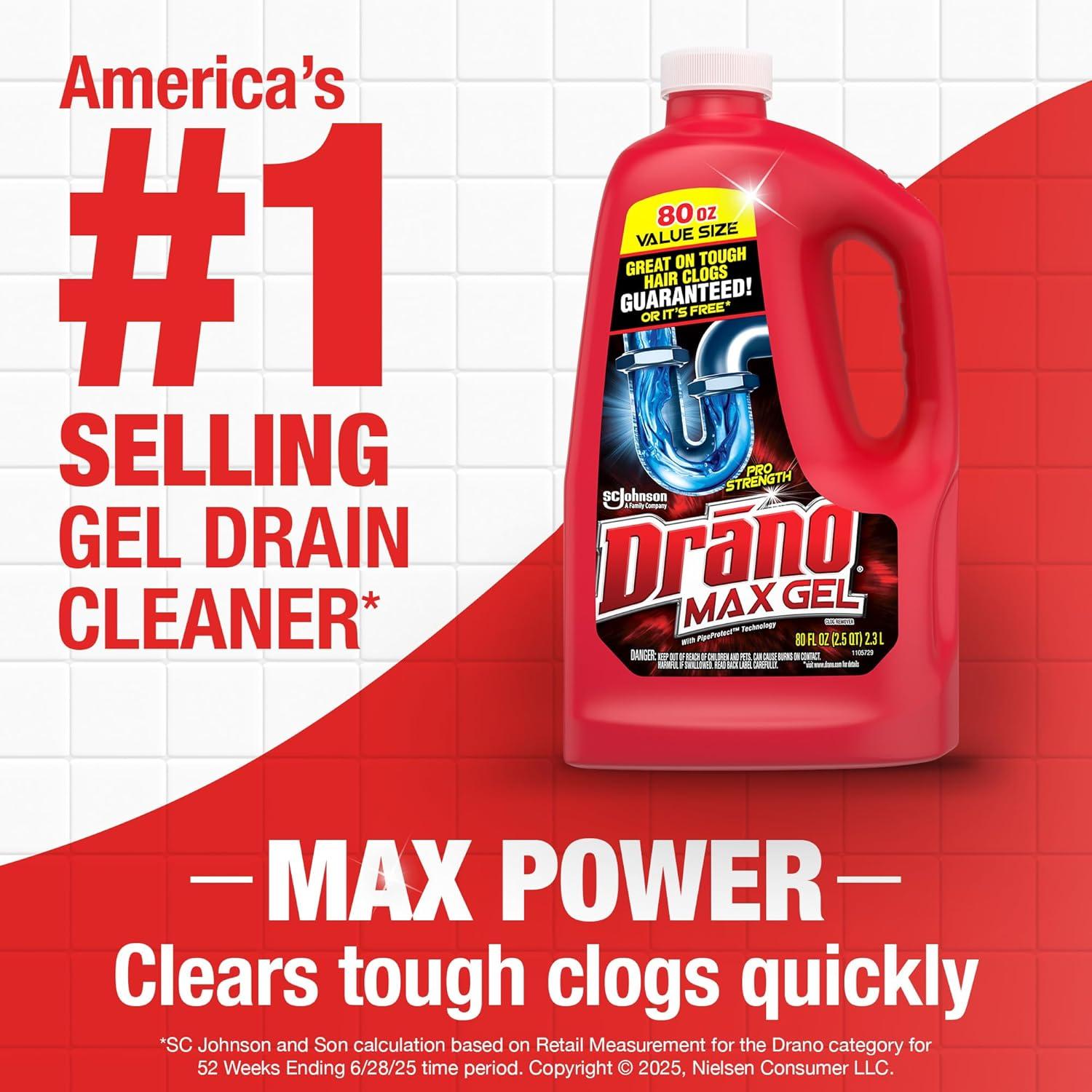 image:imageDrano Max Gel Drain Clog Remover amp Cleaner FastActing to Unclog Standing Water amp Remove Hair Grease amp Food Blockages Safe for all Pipes amp Septic Kitchen Sinks Bathroom Showers 80 Oz 2 Pack80 Fl Oz Pack of 1