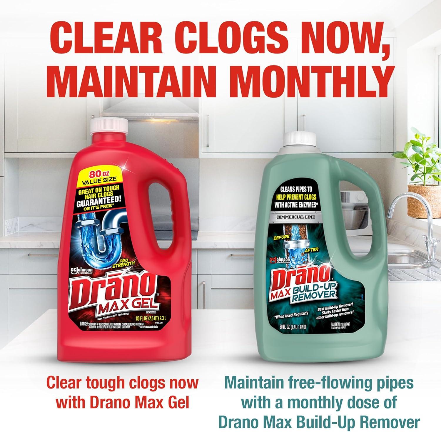 image:imageDrano Max Gel Drain Clog Remover amp Cleaner FastActing to Unclog Standing Water amp Remove Hair Grease amp Food Blockages Safe for all Pipes amp Septic Kitchen Sinks Bathroom Showers 80 Oz 2 Pack32 Fl Oz Pack of 1