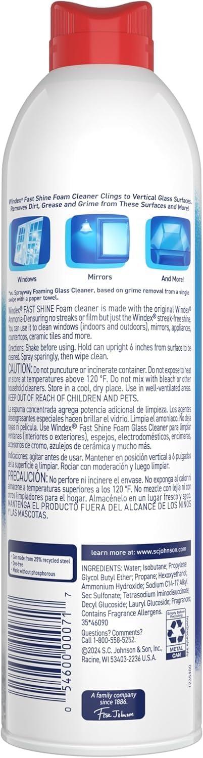 image:imageWindex Fast Shine Foam Glass Cleaner NoDrip Windows Doors Mirrors amp Countertops Aerosol Cleaning Spray StreakFree Shine Removes Fingerprints Dust Dirt Grime amp More 19 oz Pack of 119 Fl Oz Pack of 2