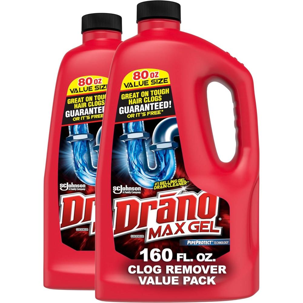 image:imageDrano Max Gel Drain Clog Remover amp Cleaner FastActing to Unclog Standing Water amp Remove Hair Grease amp Food Blockages Safe for all Pipes amp Septic Kitchen Sinks Bathroom Showers 80 Oz 2 Pack80 Fl Oz Pack of 2
