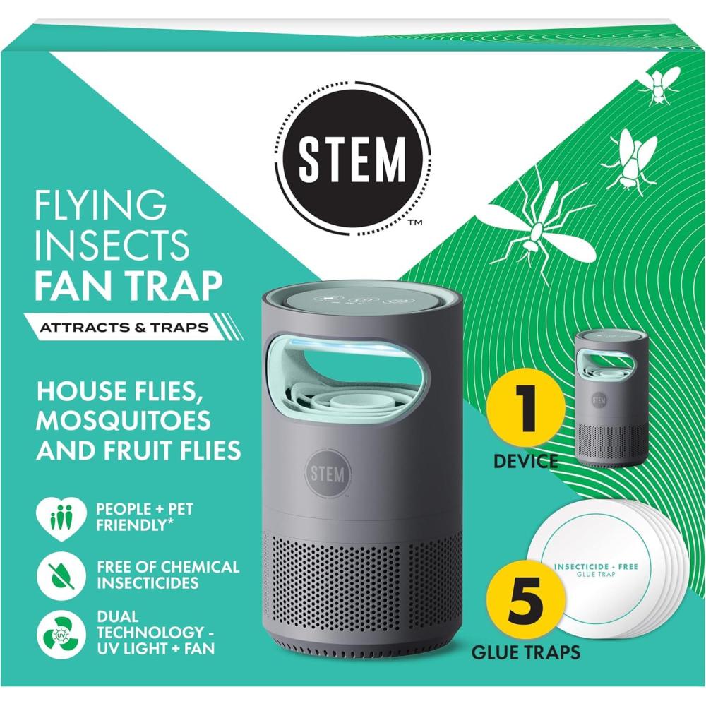 image:imageSTEM Flying Insect Fan Trap for Indoor Bug Control Attracts Mosquitoes Fruit Flies and House Flies Plugin Fan with UV Light Starter Kit Includes 1 Device and 5 Glue Traps1 Device 5 Glue Traps