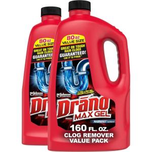 Drano Max Gel Drain Clog Remover & Cleaner, Fast-Acting to Unclog Standing Water & Remove Hair, Grease & Food Blockages, Safe for all Pipes & Septic, Kitchen Sinks, Bathroom Showers, 80 Oz, 2 Pack(80 Fl Oz (Pack of 2))