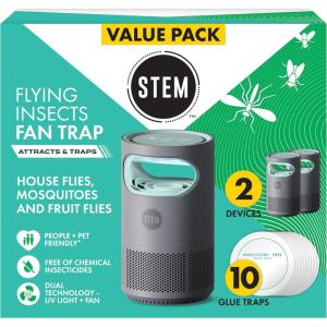 STEM Flying Insect Fan Trap for Indoor Bug Control, Attracts Mosquitoes, Fruit Flies, and House Flies, Plug-in Fan with UV Light, Starter Kit Includes 1 Device and 5 Glue Traps(2 Devices + 10 Glue Traps)