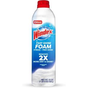 Windex Fast Shine Foam Glass Cleaner, No-Drip Windows, Doors, Mirrors & Countertops Aerosol Cleaning Spray, Streak-Free Shine, Removes Fingerprints, Dust, Dirt, Grime & More 19 oz (Pack of 1)(19 Fl Oz (Pack of 1))